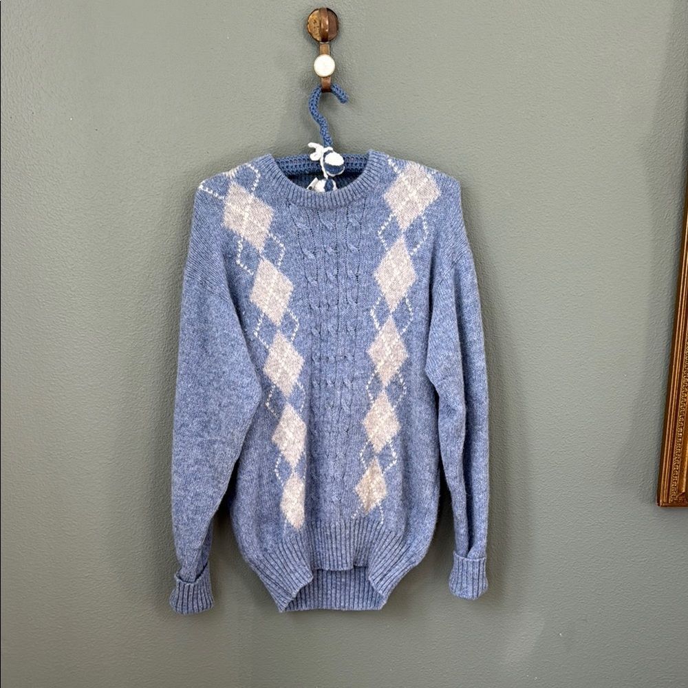 Quill Knit 100% pure wool Men Argyle Sweater Ireland L Grandpa Sz 42